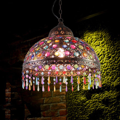 Boho Dome Pendant Light - Metal 1-Bulb Aged Brass/Rust Hanging Lamp With Crystal Bead For