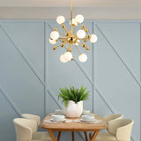 Gold Starburst Metal Chandelier Pendant Lamp With Multi Lights And White Glass Ball Shade -