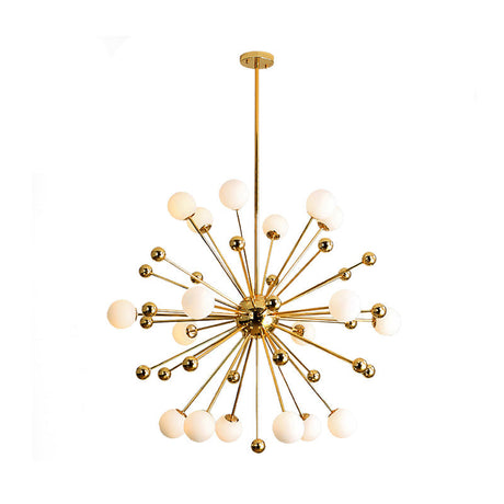 Gold Starburst Metal Chandelier Pendant Lamp With Multi Lights And White Glass Ball Shade -