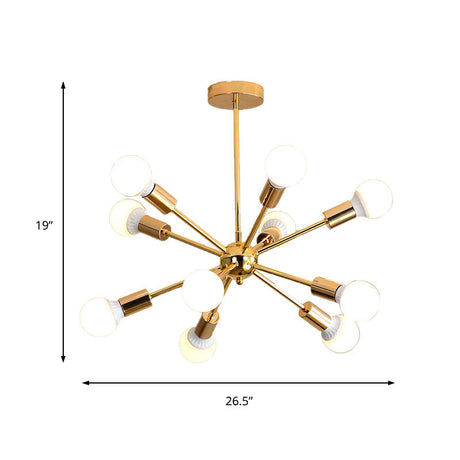 Modern Metal Starburst Chandelier Light - 6/10/12 Lights 26/38.5 Wide Gold Finish Bare Bulb Hanging