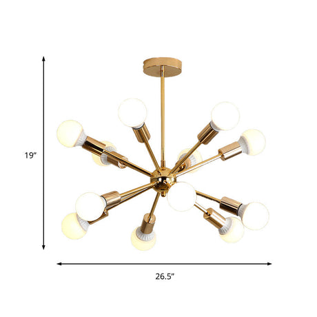 Modern Metal Starburst Chandelier Light - 6/10/12 Lights 26/38.5 Wide Gold Finish Bare Bulb Hanging