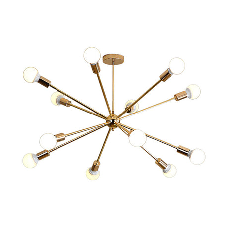 Modern Metal Starburst Chandelier Light - 6/10/12 Lights 26/38.5 Wide Gold Finish Bare Bulb Hanging