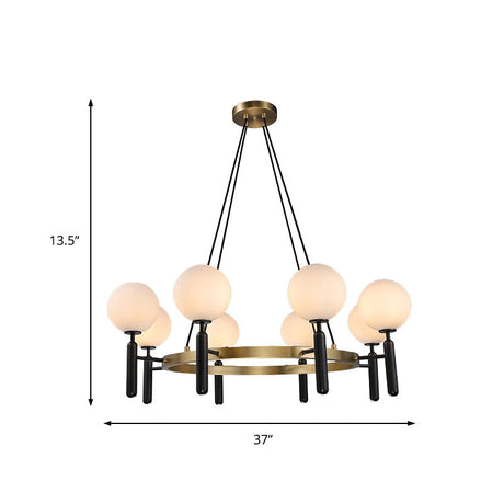 Modern White Glass Sphere Chandelier - Circular Design 8 Lights Black Hanging Fixture