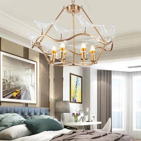 Postmodern Iron Candle Chandelier With Clear Glass Birds - 6/9-Head Gold Ceiling Fixture For Living