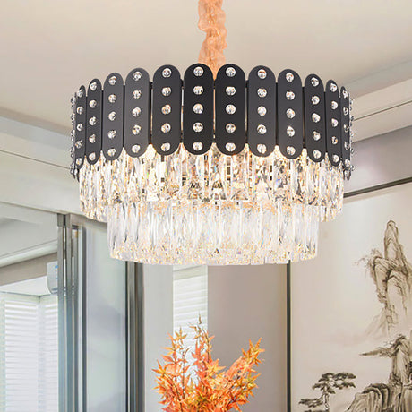 Vintage Metal Chandelier Pendant Light With Crystal Block In Black 12 Lights Round Design