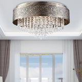 Antique Style Bronze Drum Flush Lamp With Crystal Accent 5/9 Light Iron Mount Ceiling - 16/19.5