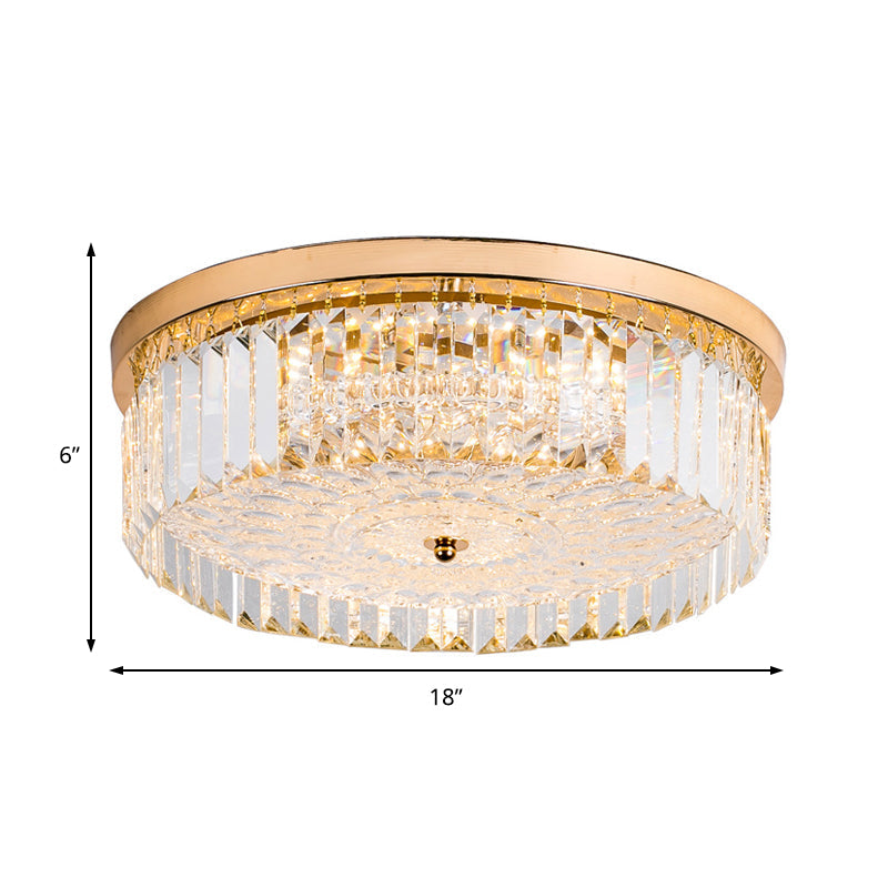 Modernist Metal Flush Mount Lamp With Led Drum Shade And Crystal Prism In Gold Finish - 14/18 Wide