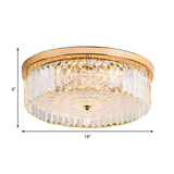 Modernist Metal Flush Mount Lamp With Led Drum Shade And Crystal Prism In Gold Finish - 14/18 Wide