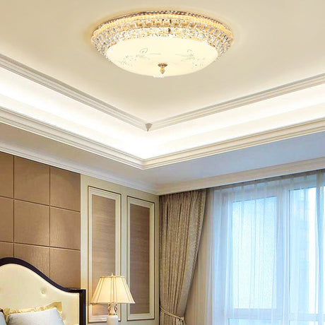 Modernist White Glass And Clear Crystal Led Flush Pendant Light For Bedroom - 12/16 Diameter