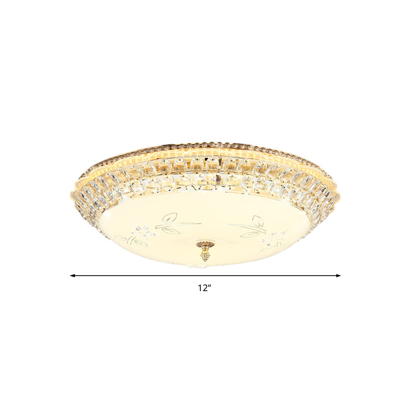 Modernist White Glass And Clear Crystal Led Flush Pendant Light For Bedroom - 12/16 Diameter