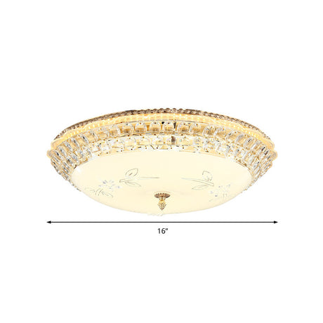 Modernist White Glass And Clear Crystal Led Flush Pendant Light For Bedroom - 12/16 Diameter