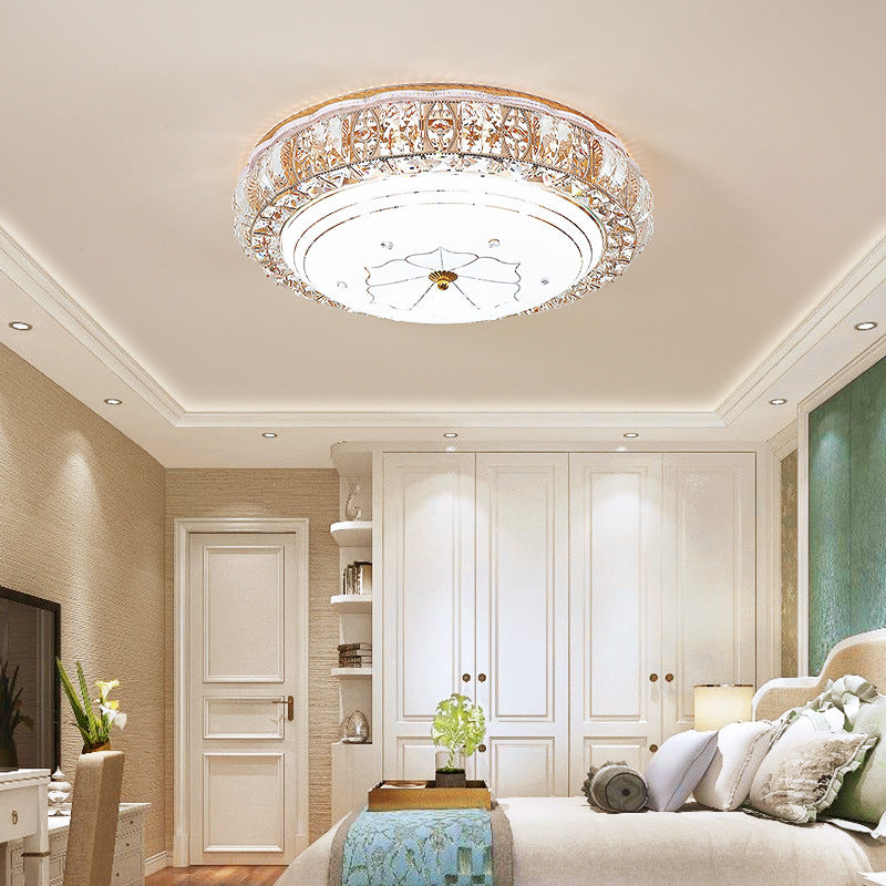 Vintage Led Flush Mount Ceiling Light With Clear K9 Crystal And Flower Patterned Diffuser White