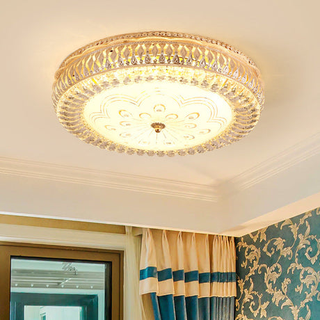 Modern Gold Led Ceiling Light Fixture With Crystal Accents And Frosted Glass Diffuser