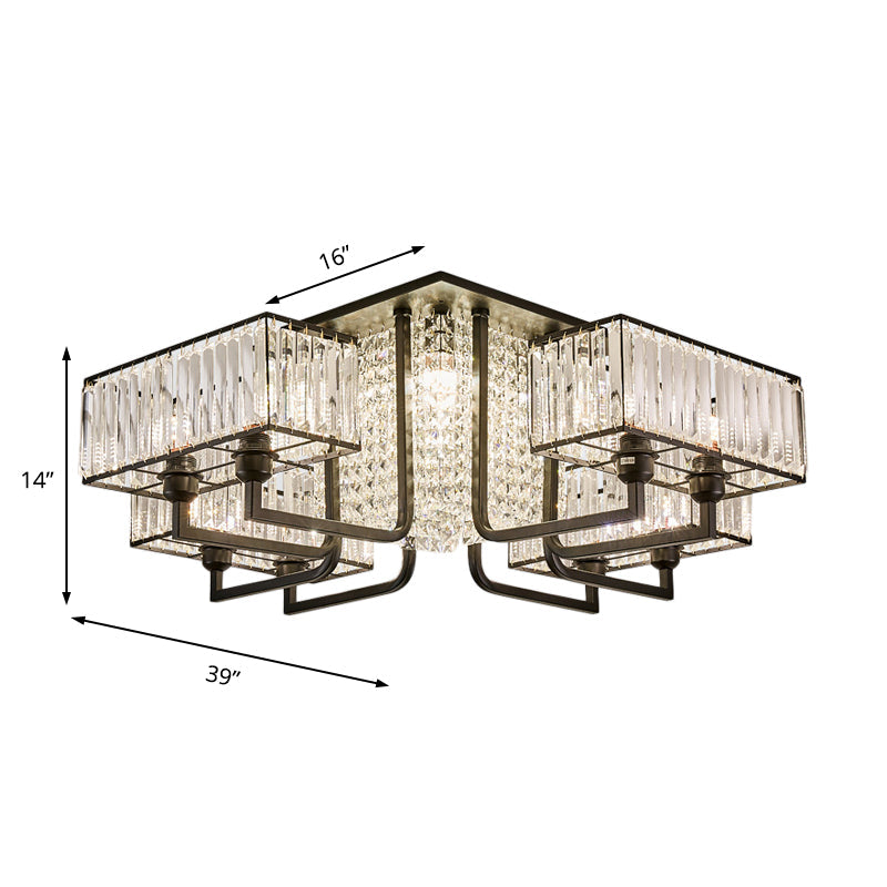 Modern Metal And Clear Crystal Semi Flush Light - Black Cubic Ceiling Mounted Fixture