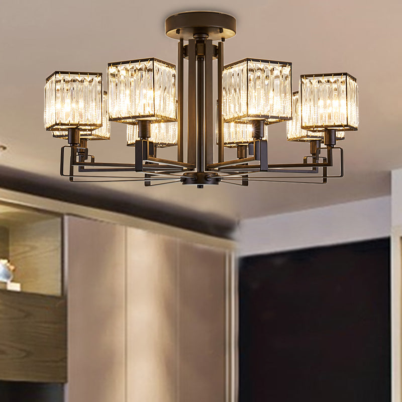Vintage Style Black Square Metal Ceiling Light Fixture With Crystal Prism - 4/6/8 Lights Ideal For