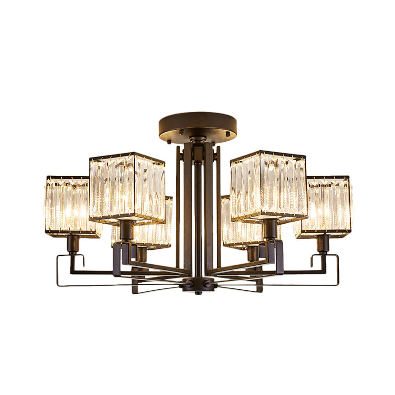 Vintage Style Black Square Metal Ceiling Light Fixture With Crystal Prism - 4/6/8 Lights Ideal For