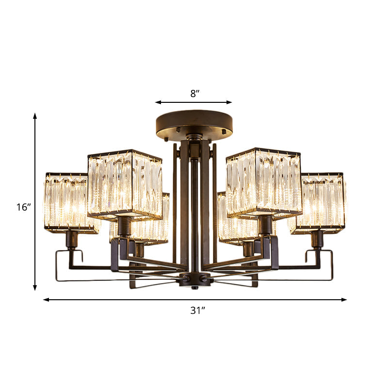 Vintage Style Black Square Metal Ceiling Light Fixture With Crystal Prism - 4/6/8 Lights Ideal For