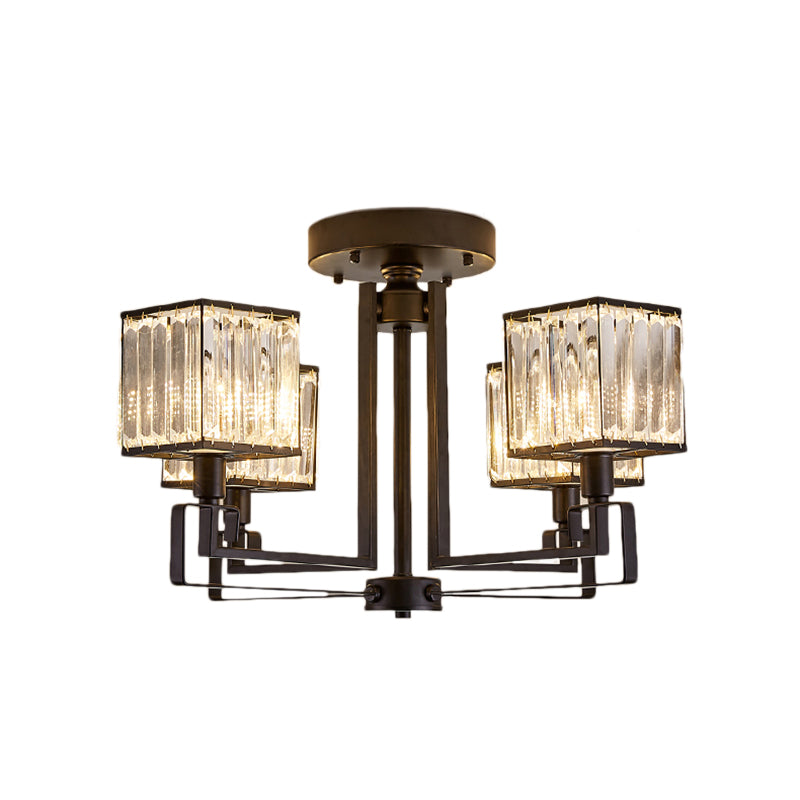 Vintage Style Black Square Metal Ceiling Light Fixture With Crystal Prism - 4/6/8 Lights Ideal For