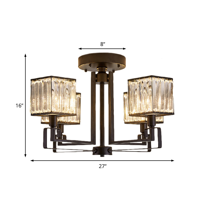 Vintage Style Black Square Metal Ceiling Light Fixture With Crystal Prism - 4/6/8 Lights Ideal For