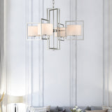 Modern Chrome Chandelier With Barrel Fabric Shade - 4-Light Pendant For Living Room