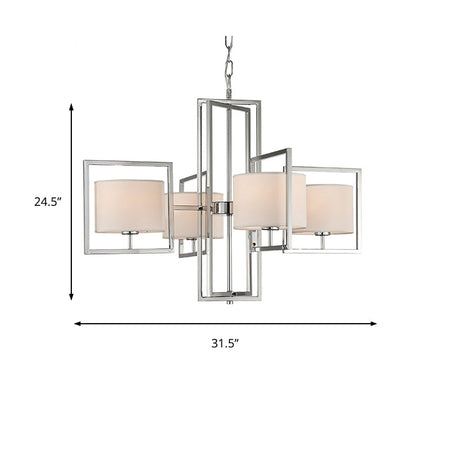 Modern Chrome Chandelier With Barrel Fabric Shade - 4-Light Pendant For Living Room