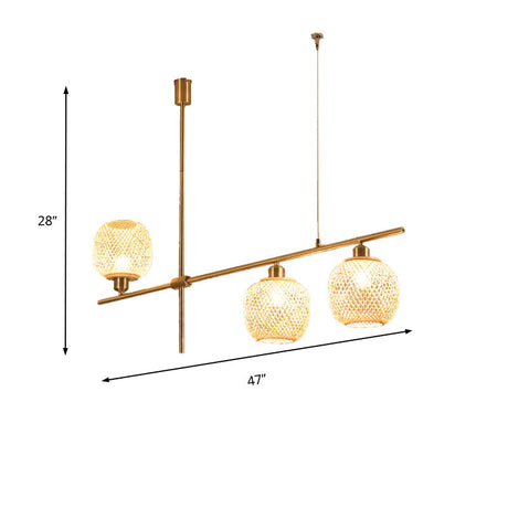 Asian Oblong Wood Chandelier With 3 Light-Beige Shades For Kitchen