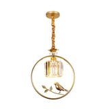 Vintage Style Clear Crystal Drum Ceiling Light With Bird Accent And 1 Bulb In Black/Gold