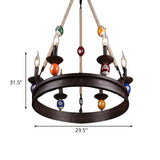 Industrial Ring Chandelier With 6 Bulbs Metallic Pendant Light Fixture Rope And Billiard Ball Deco