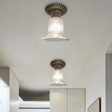 Black Flush Mount Warehouse Light With Clear Ribbed Glass For Ceiling