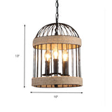 Vintage Black Birdcage Ceiling Light With Metal And Rope Hanging - 3 Bulb Lamp For Dining Room