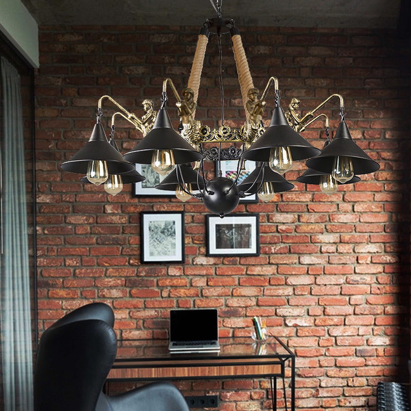 Industrial Bell Chandelier - Metal And Rope Suspension Light With Mermaid Deco Black (6/8 Bulbs) 8 /