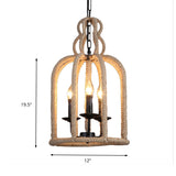 3-Head Retro Birdcage Rope Pendant Light In Brown - Dining Room Lamp Fixture
