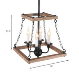 Trapezoid Chandelier Lamp - Brown Farmhouse Style With Flameless Candle Metal & Wood 4-Light Kitchen