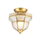 Cottage Crackle Brass Ceiling Lamp With Milky Glass Inverted Bell Semi Mount