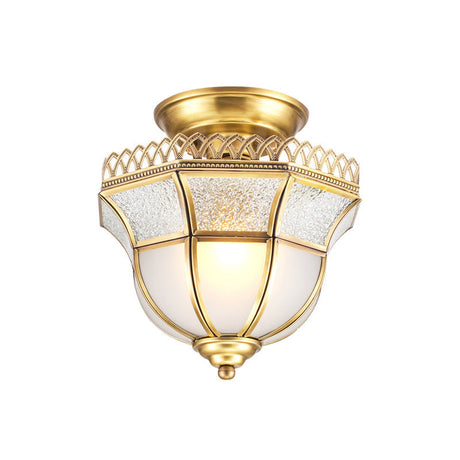 Cottage Crackle Brass Ceiling Lamp With Milky Glass Inverted Bell Semi Mount