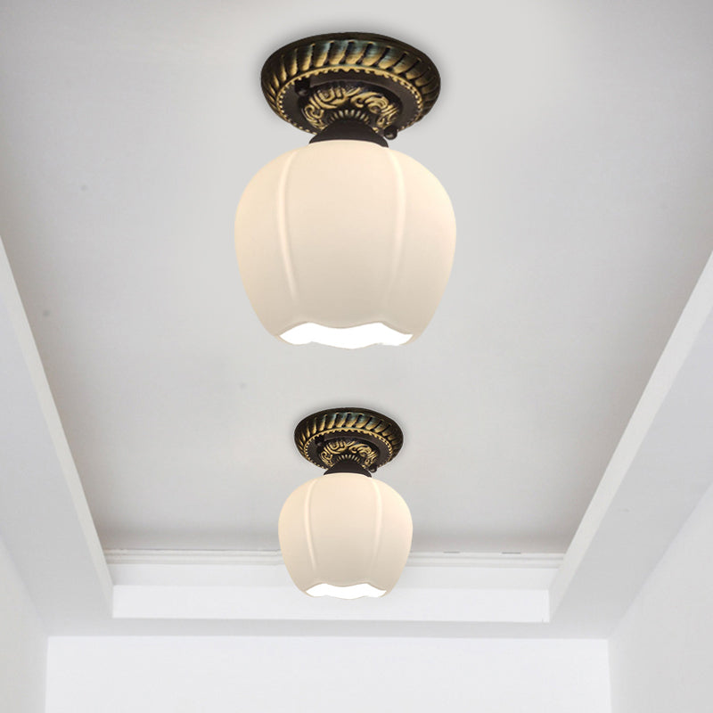Country Blossom Flush Mount Ceiling Lighting - Single Bulb Milky Glass In Brown