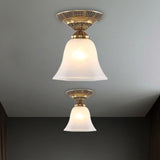 Country Flush Mount Frosted Glass Single Head Bell Shape Ceiling Light With Brass Finish