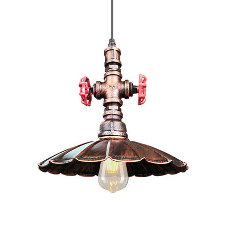 Rustic Brass Scalloped Ceiling Pendant Light With Pipe And Valve Weathered Copper