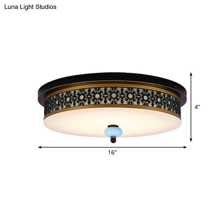 16’ - 19.5’ W Led Flush Mount Ceiling Light Fixture | Black - Gold Opal Glass Drum Dining Hall