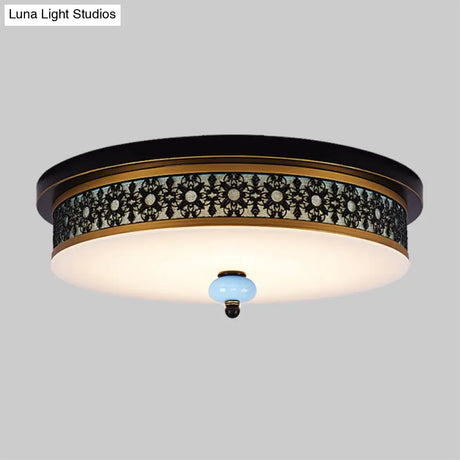 16’ - 19.5’ W Led Flush Mount Ceiling Light Fixture | Black - Gold Opal Glass Drum Dining Hall