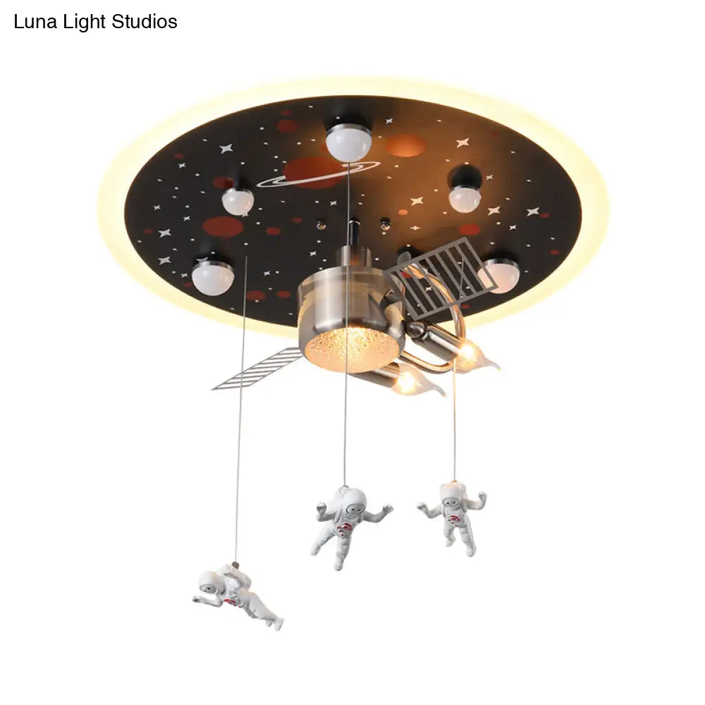 16’/22’ Wide Black Space Satellite Flush Light With 2 Lights And Resin Spacemen Sculpture