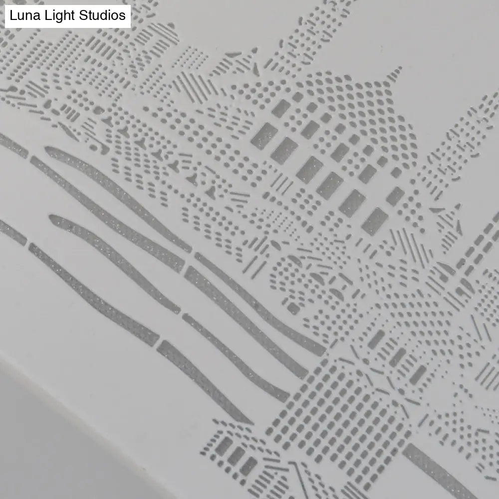 16.5’/20.5’ Modern White Carved Metal Drum Flush Lamp With Metropolis Scene - Led Ceiling Light