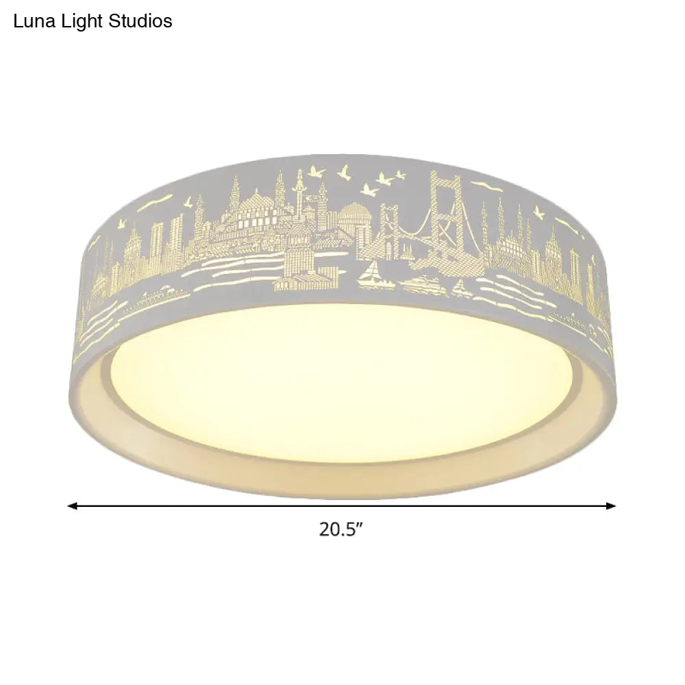 16.5’/20.5’ Modern White Carved Metal Drum Flush Lamp With Metropolis Scene - Led Ceiling Light