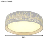 16.5’/20.5’ Modern White Carved Metal Drum Flush Lamp With Metropolis Scene - Led Ceiling Light