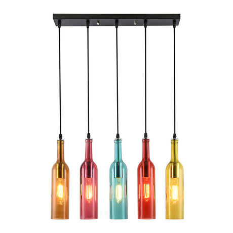 Vintage Style 5-Head Pendant Light Fixture With Bottle Shade & Black Finish