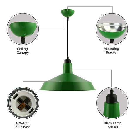 Vintage-Style Metal Pendant With Cord/Downrods - Green Barn Shade For Living Room Ceiling