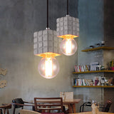 Cement Square Pendant Light With Vintage Bare Bulb - 1-Light Ceiling Lamp For Restaurants In Grey