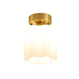 White Glass Brass Flush Lamp - Scalloped/Shell/Trapezoid Design 1-Light Cottage Ceiling Mount For