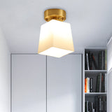 White Glass Brass Flush Lamp - Scalloped/Shell/Trapezoid Design 1-Light Cottage Ceiling Mount For