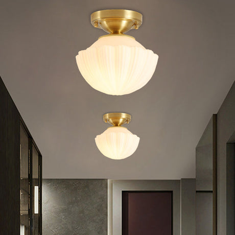 White Glass Brass Flush Lamp - Scalloped/Shell/Trapezoid Design 1-Light Cottage Ceiling Mount For